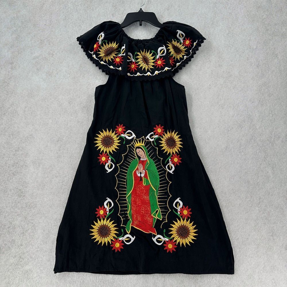 Mexican Dress Womens SMALL Off Shoulder Embroidered Our Lady De Guadalupe‎
